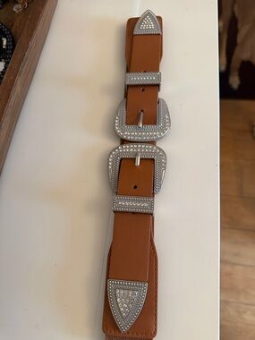 Rhinestone Western Buckle Tan Leather Belt